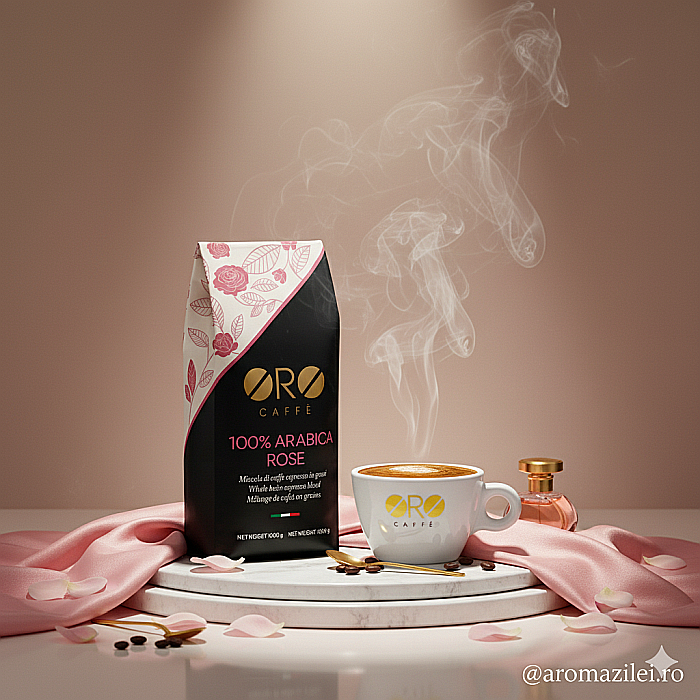 Cafea ORO 100% Arabica Rose – Blend floral și sofisticat (1kg boabe) Arome elegante de trandafir și iasomie, prăjite artizanal în Italia. [7]
