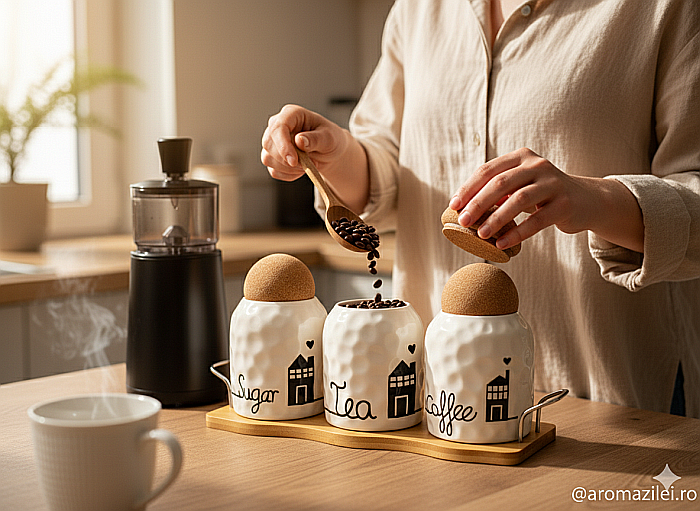 Set 3 Recipiente Ceramice cu Capac din Plută și Tăviță din Bambus [4]