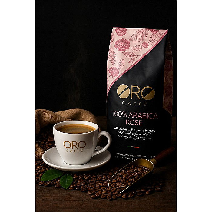 Cafea ORO 100% Arabica Rose – Blend floral și sofisticat (1kg boabe) Arome elegante de trandafir și iasomie, prăjite artizanal în Italia. [8]