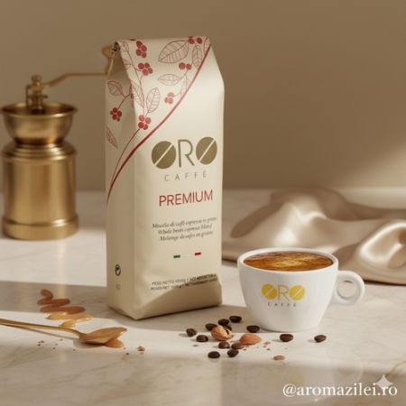 Cafea Premium ORO – Blend echilibrat Brazil, Guatemala, Etiopia, Vietnam & India (1kg boabe) Arome florale, note dulci de migdală și cremă catifelată. [1]