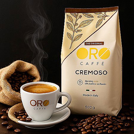 Cafea Cremoso ORO – Blend Premium Brazil & Vietnam (500g boabe) Corp plin, cremă densă și note dulci de caramel. [1]