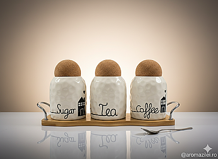 Set 3 Recipiente Ceramice cu Capac din Plută și Tăviță din Bambus [4]