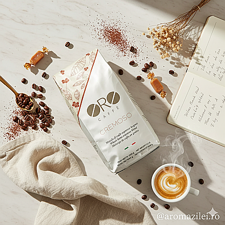 Cafea ORO Cremoso – Blend Premium Brazil & Vietnam (1kg boabe) Corp bogat, cremă densă și note dulci de caramel. [3]