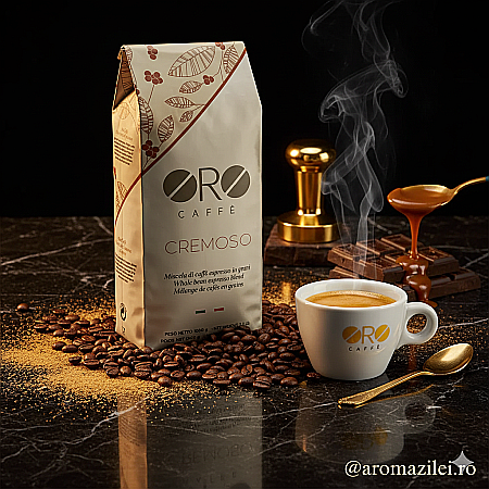 Cafea ORO Cremoso – Blend Premium Brazil & Vietnam (1kg boabe) Corp bogat, cremă densă și note dulci de caramel. [4]