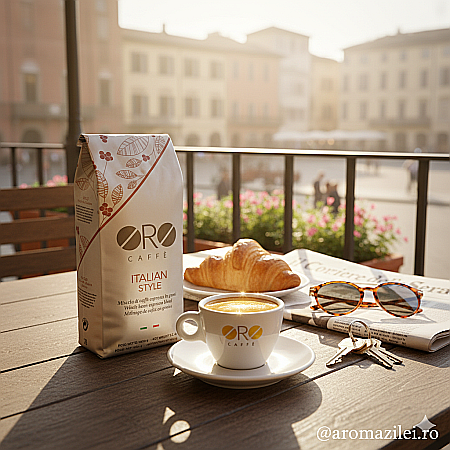Cafea ORO Italian Style – Espresso Intens & Cremos (1kg boabe) Arome puternice de ciocolată și alună prăjită, cremă densă și persistentă. [1]