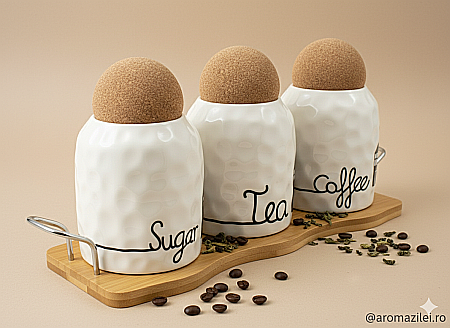 ACCESORII - Set 3 Recipiente Ceramice cu Capac din Plută și Tăviță din Bambus