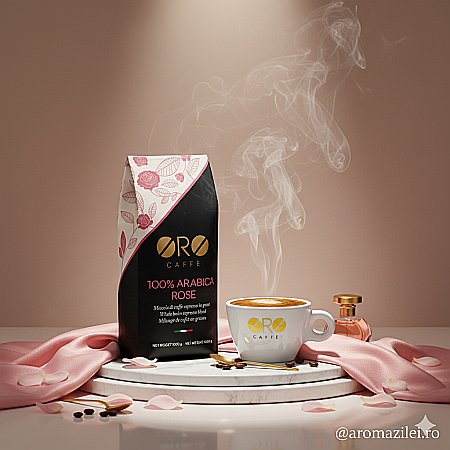 Cafea ORO 100% Arabica Rose – Blend floral și sofisticat (1kg boabe) Arome elegante de trandafir și iasomie, prăjite artizanal în Italia. [6]
