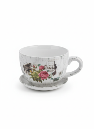 ACCESORII - Ghiveci ceramic tip ceașcă cu farfurioară – model vintage floral