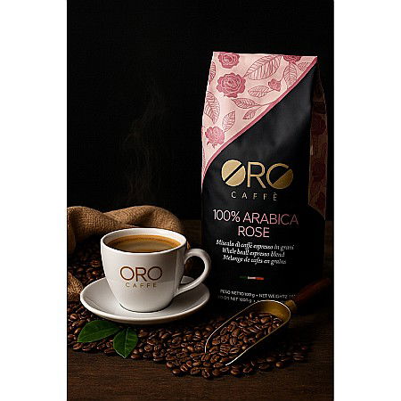 Cafea ORO 100% Arabica Rose – Blend floral și sofisticat (1kg boabe) Arome elegante de trandafir și iasomie, prăjite artizanal în Italia. [7]