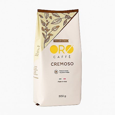Cafea Cremoso ORO – Blend Premium Brazil & Vietnam (500g boabe) Corp plin, cremă densă și note dulci de caramel.