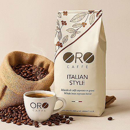Cafea ORO Italian Style – Espresso Intens & Cremos (1kg boabe) Arome puternice de ciocolată și alună prăjită, cremă densă și persistentă. [2]