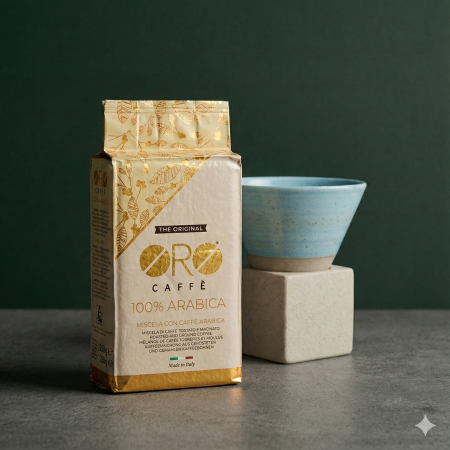 Promotii - Pachet cadou Aroma Zilei – ceașcă ceramică conică 100 ml cu suport cubic și cafea ORO 100% Arabica 250 g