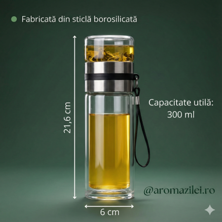 Accesorii - Sticlă cu infuzor pentru ceai 300 ml cu filtru inox și perete dublu