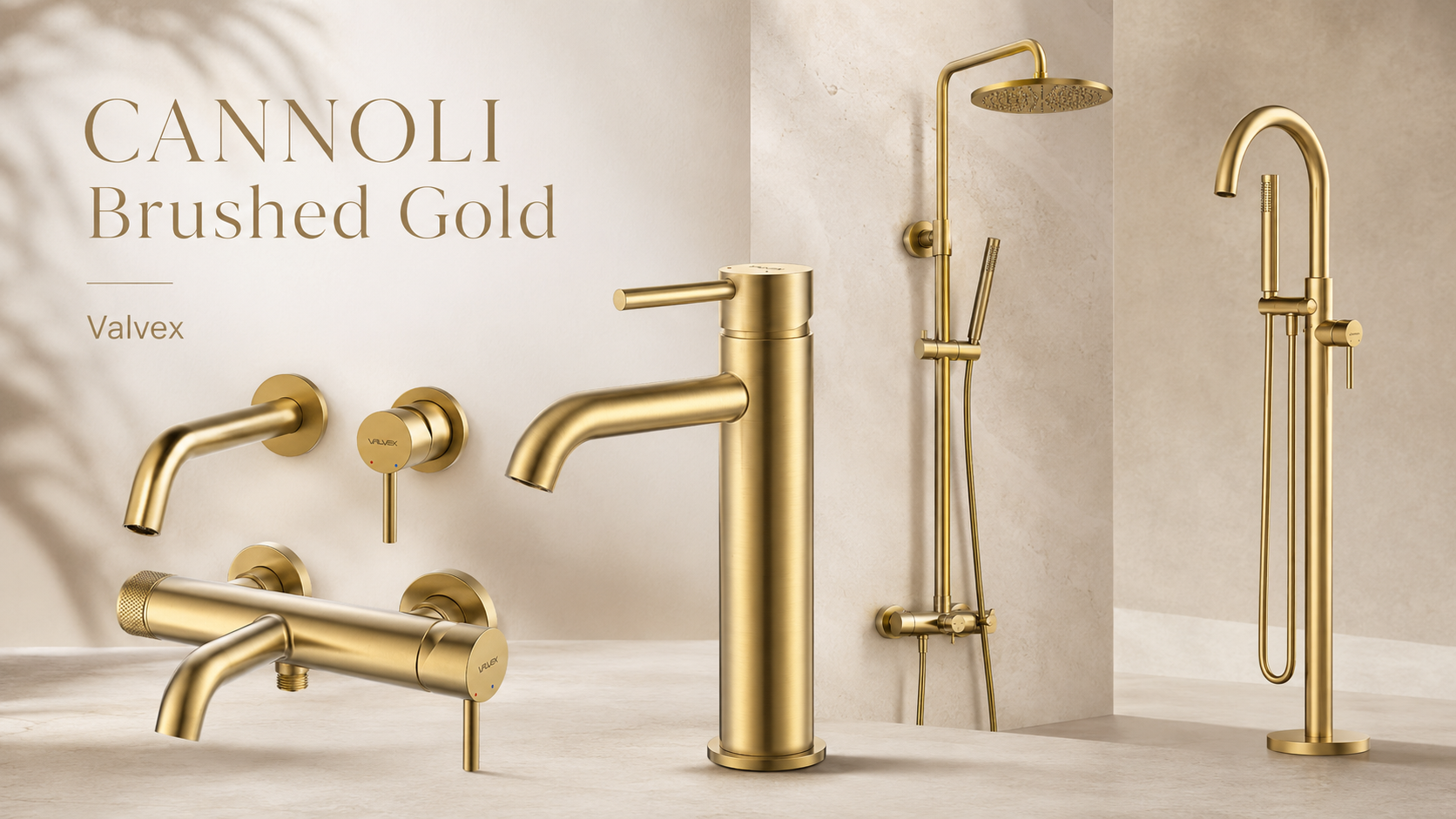 Bateriile CANNOLI Brushed Gold de la Valvex: aurul care nu este opulent, dar poate transforma complet o baie
