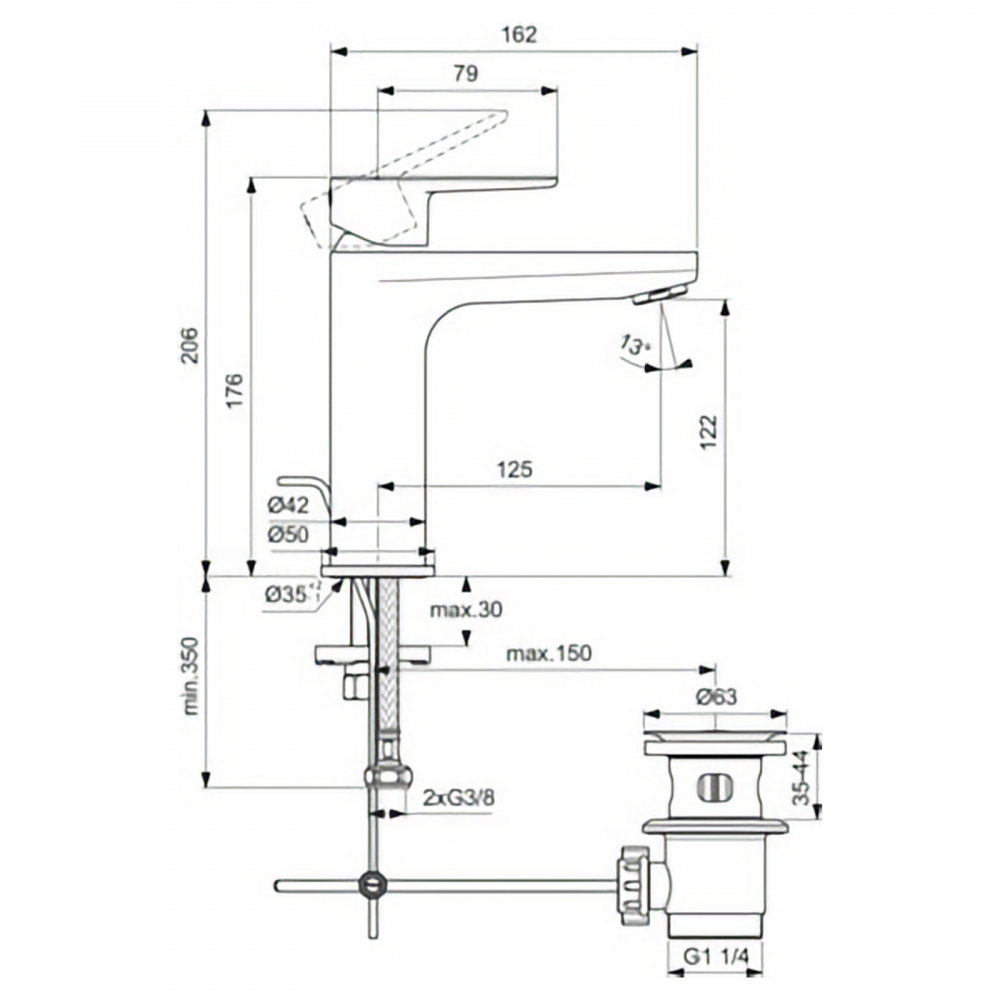 Baterie pentru lavoar H120 cu ventil metalic CERAFINE O Crom Ideal Standard [4]