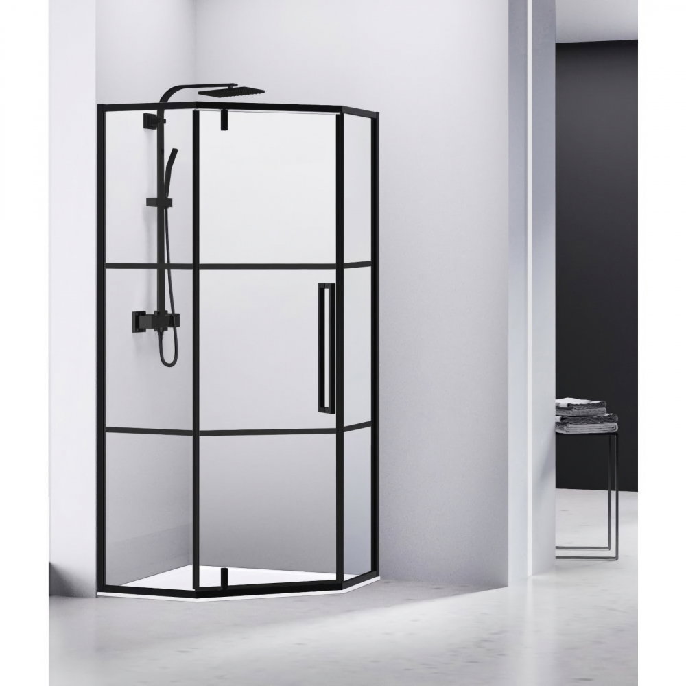 Cabina de dus pentagonala 80 x 80 x 200, finisaj negru mat, usa batanta, sticla 6 mm INFINITY Belform [2]