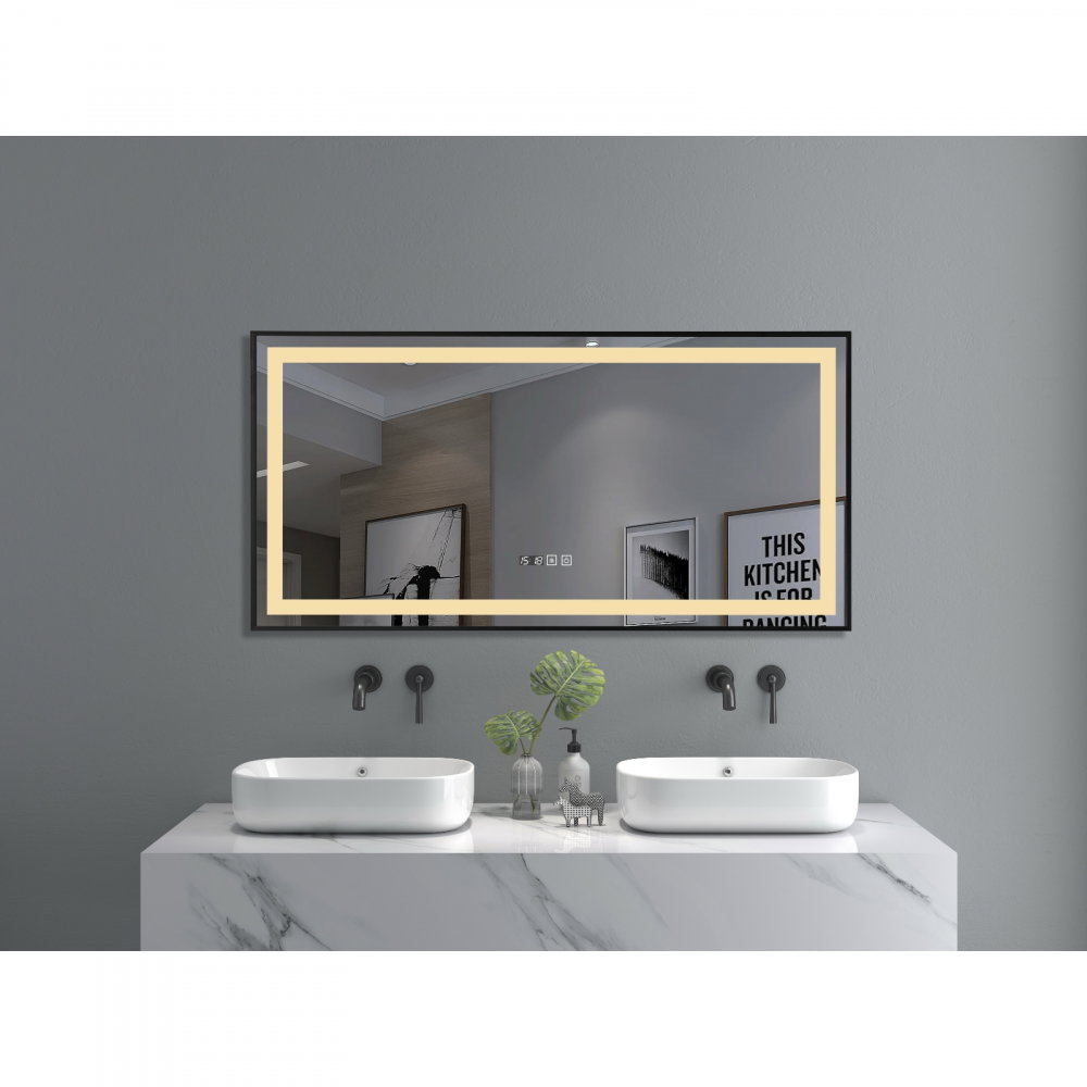 Oglinda de baie Infinty, iluminare led 3 culori, 120 x 60 cm, rama aluminiu neagra, functie dezaburire si ceas Belform [2]