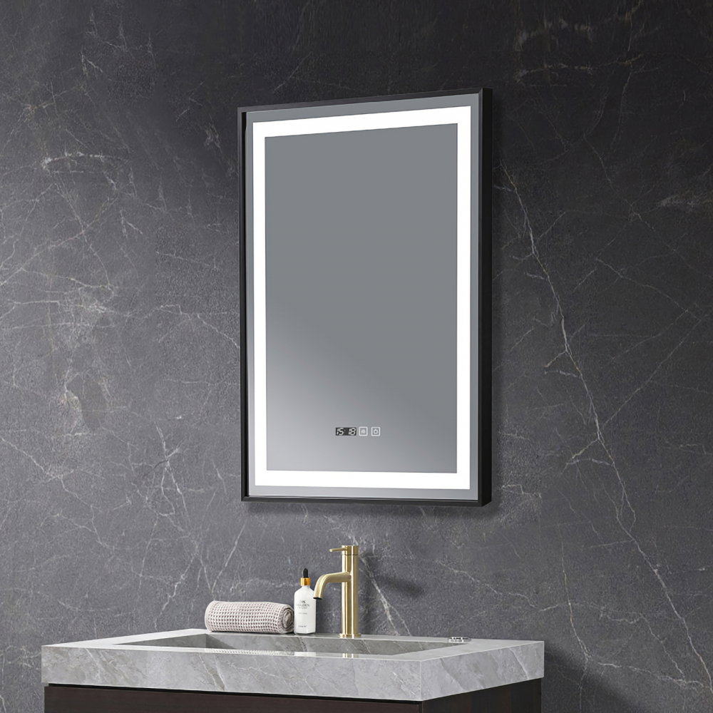 Oglinda de baie Infinty, iluminare led 3 culori, 60 x 80 cm, rama aluminiu neagra, functie dezaburire si ceas Belform [4]
