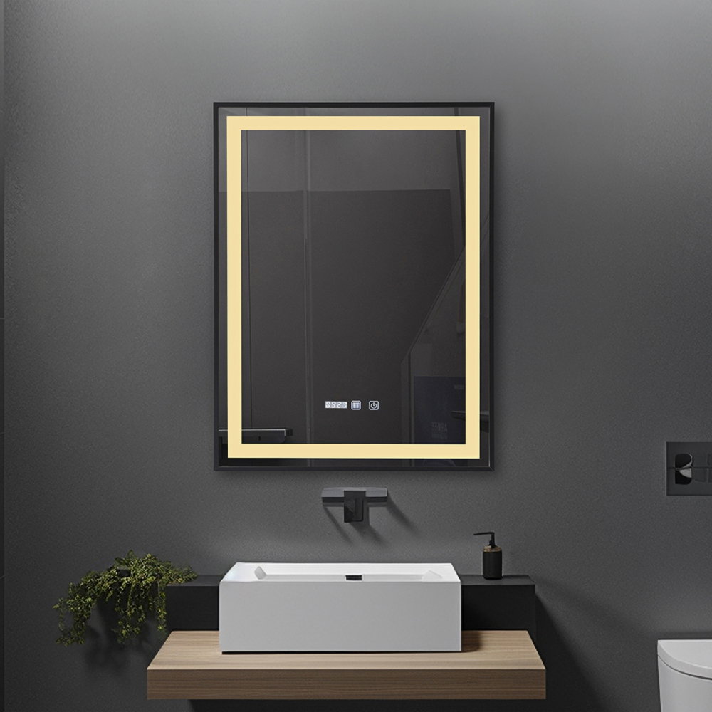 Oglinda de baie Infinty, iluminare led 3 culori, 60 x 80 cm, rama aluminiu neagra, functie dezaburire si ceas Belform [2]