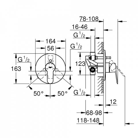 Baterie de cada si dus Grohe BauEdge, montaj incastrat, corp ingropat inclus, crom [1]