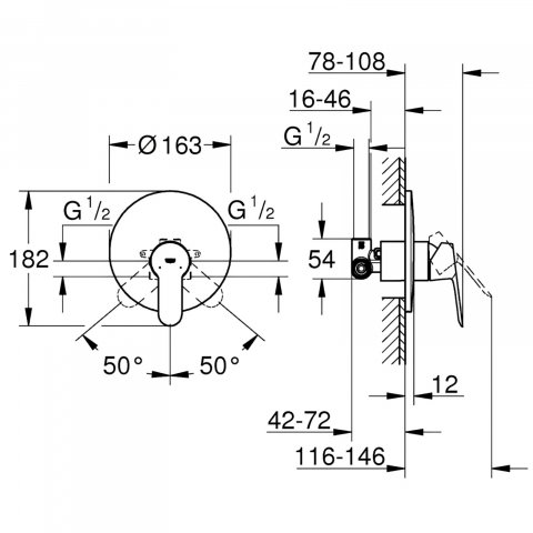 Baterie dus Grohe BauEdge, montaj incastrat, corp ingropat inclus, crom [1]