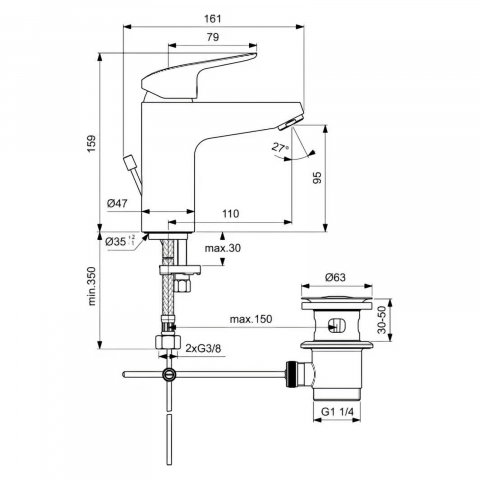 Baterie pentru lavoar CERAFLEX RIM GRANDE cu ventil Ideal Standard [1]