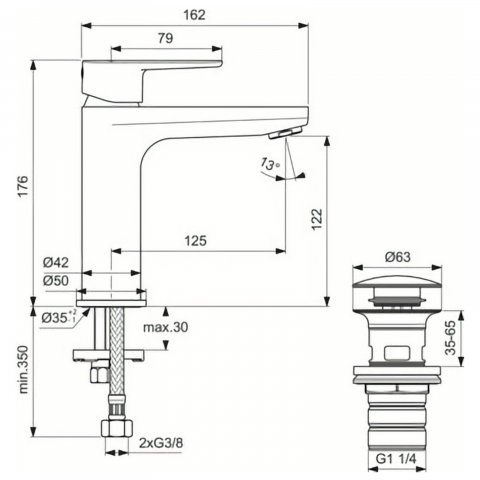 Baterie pentru lavoar H120 cu ventil Click-Clack CERAFINE O Argintiu Ideal Standard [3]