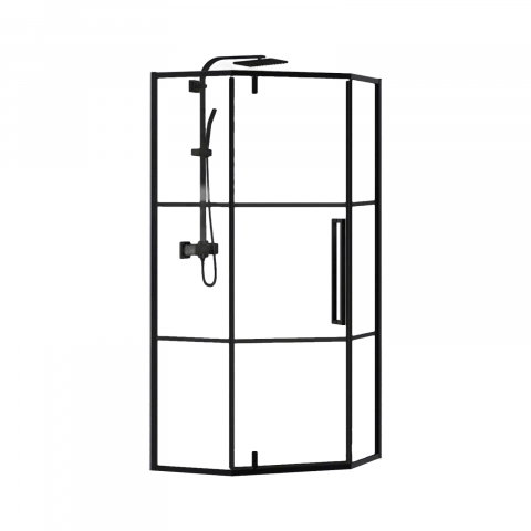 Baie - Cabina de dus pentagonala 80 x 80 x 200, finisaj negru mat, usa batanta, sticla 6 mm INFINITY Belform