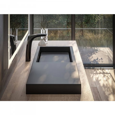 Lavoar pe blat din portelan cu orificiu pentru baterie Geometric Horizon 60 cm negru mat Roca [2]