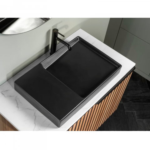 Lavoar pe blat din portelan cu orificiu pentru baterie Geometric Horizon 60 cm negru mat Roca [3]