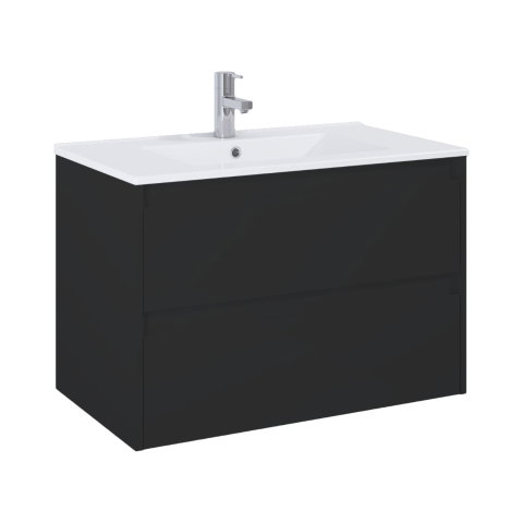 Set mobilier cu lavoar - Mobilier baie cu doua sertare si lavoar, negru mat 80 cm Claudia Roca