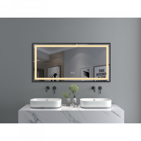 Oglinda de baie Infinty, iluminare led 3 culori, 120 x 60 cm, rama aluminiu neagra, functie dezaburire si ceas Belform [1]