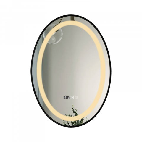 Oglinzi cu iluminare led si functii speciale - Oglinda de baie Infinty, iluminare led 3 culori, 50 x 70 cm, rama aluminiu neagra, functie dezaburire si ceas Belform