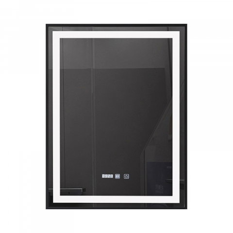 Oglinzi cu iluminare led si functii speciale - Oglinda de baie Infinty, iluminare led 3 culori, 60 x 80 cm, rama aluminiu neagra, functie dezaburire si ceas Belform