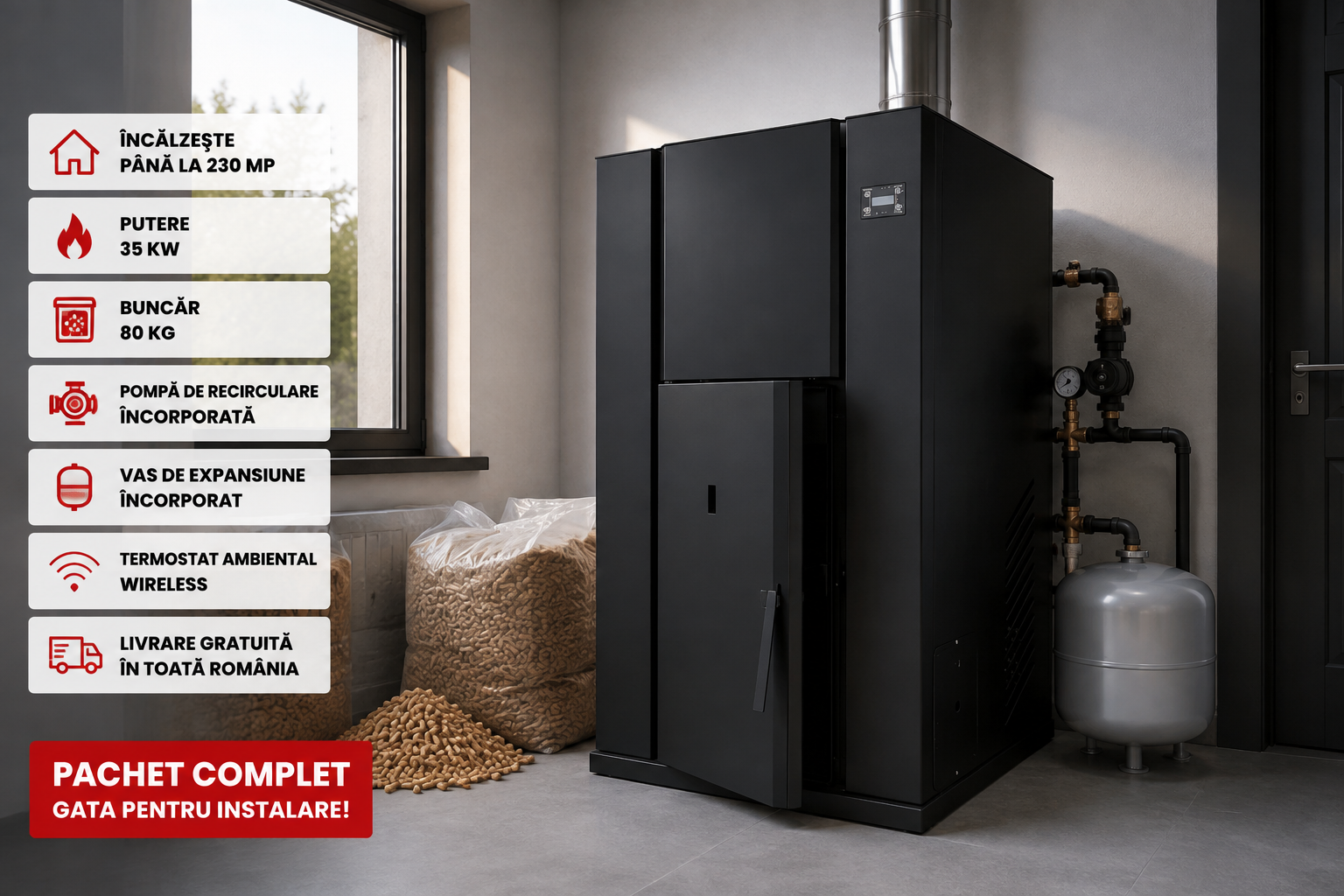 Pachet Centrală Peleți KOPH PM 35 kW Complet | 230 mp