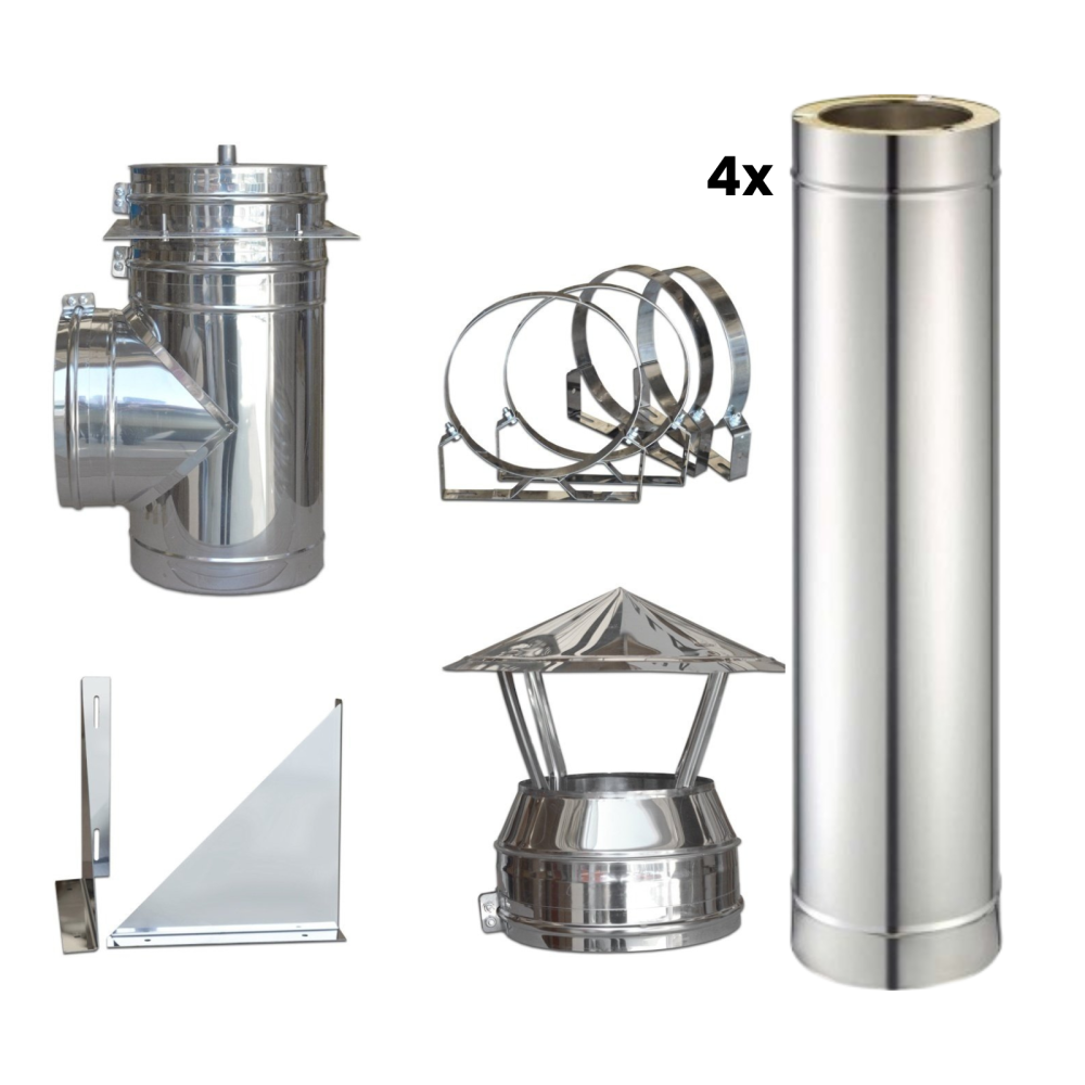 Pachet 4 Tuburi Inox Izolate Ø200 mm + Kit Exterior Coș Fum Dublu Perete, 4,5 m înălțime [1]