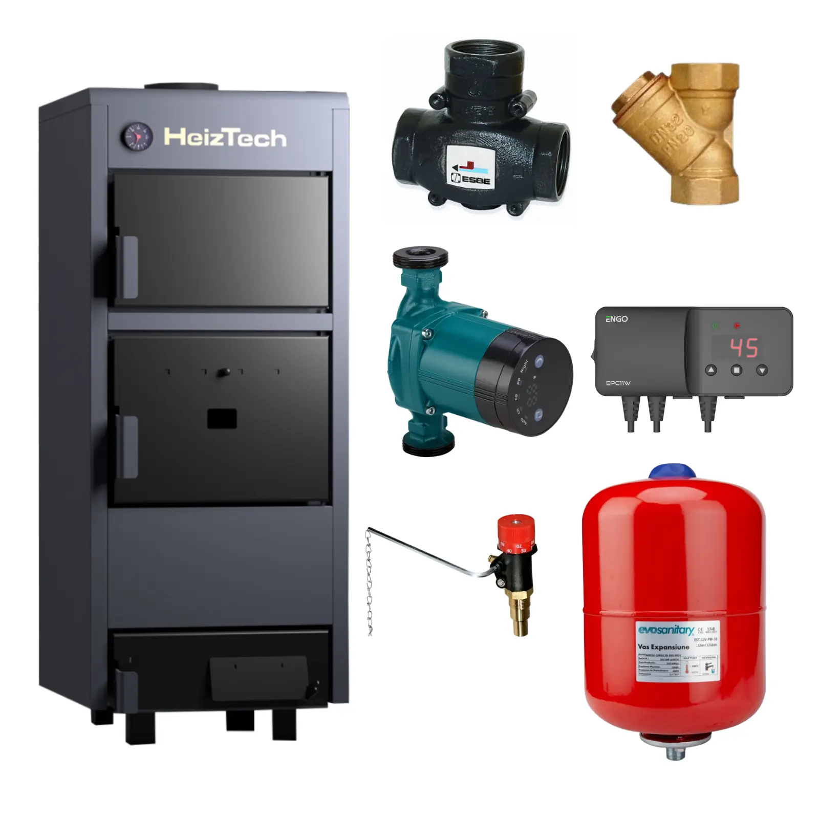 Pachet centrală pe lemne HeizTech 28 kW, controler Engo, pompă, termoventil ESBE, vas 24L și termoregulator tiraj [1]