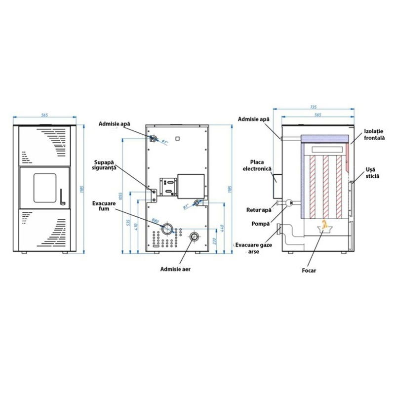 Pachet control inteligent - Termosemineu pe peleti Termax Kamin ECO, 25 kW, 160 mp, buncar peleti 45 kg, volum apa 42 litri, diametru cos fum ⌀80 mm, vas expansiune, pompa recirculare incluse, Crem si [8]