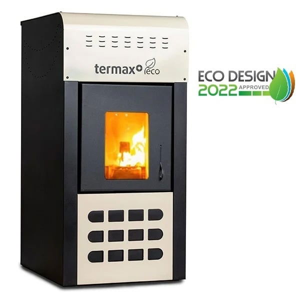 Pachet control inteligent - Termosemineu pe peleti Termax Kamin ECO, 25 kW, 160 mp, buncar peleti 45 kg, volum apa 42 litri, diametru cos fum ⌀80 mm, vas expansiune, pompa recirculare incluse, Crem si [2]