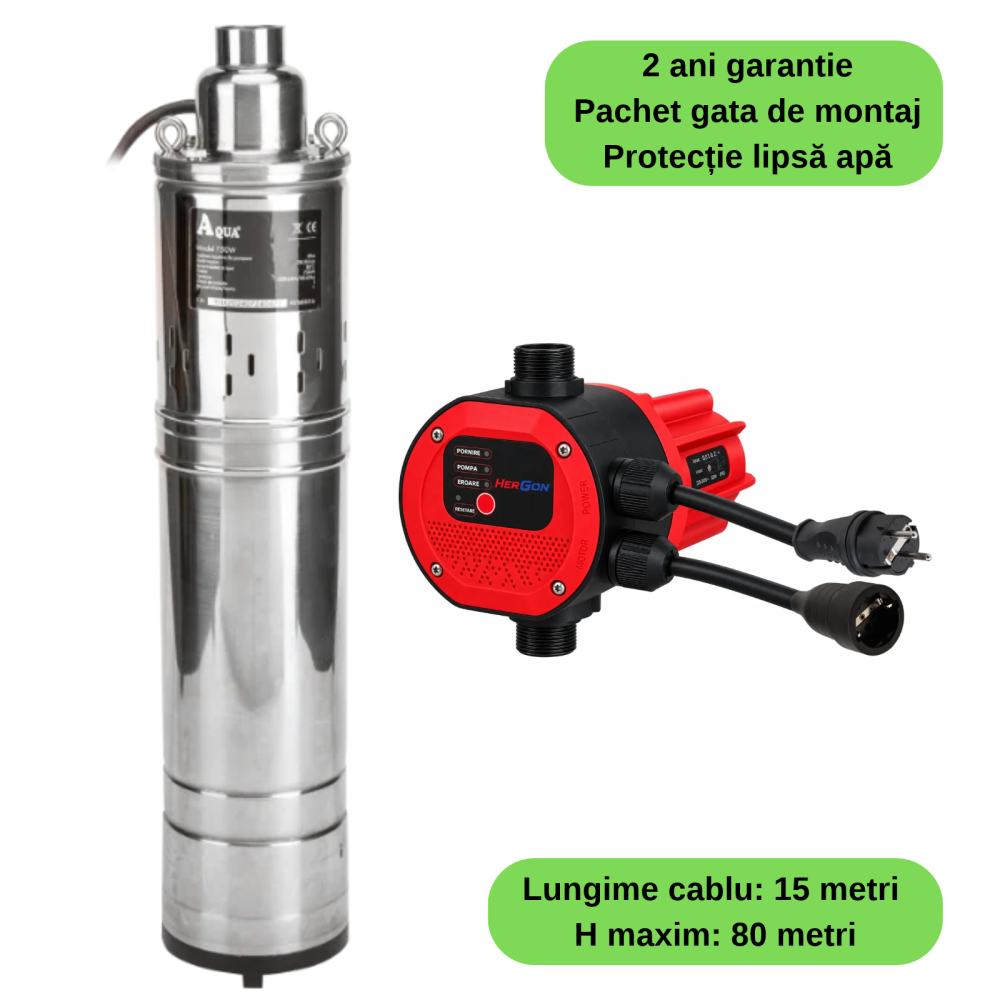 Pachet Complet Alimentare Apă – Pompă Submersibilă 4” 750W 80m Inox + Prescontrol Automat Evosanitary, Cablu 15m Inclus [2]
