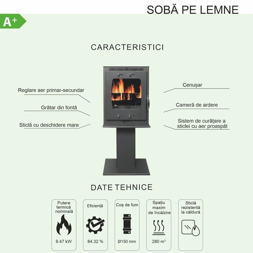 Pachet soba pe lemn Termax Vesta cu picior, 9.47 kW, randament 84.32%, 60 m², Negru, set accesorii, aspirator cenusa si suport lemne foc metalic Termax XL [8]