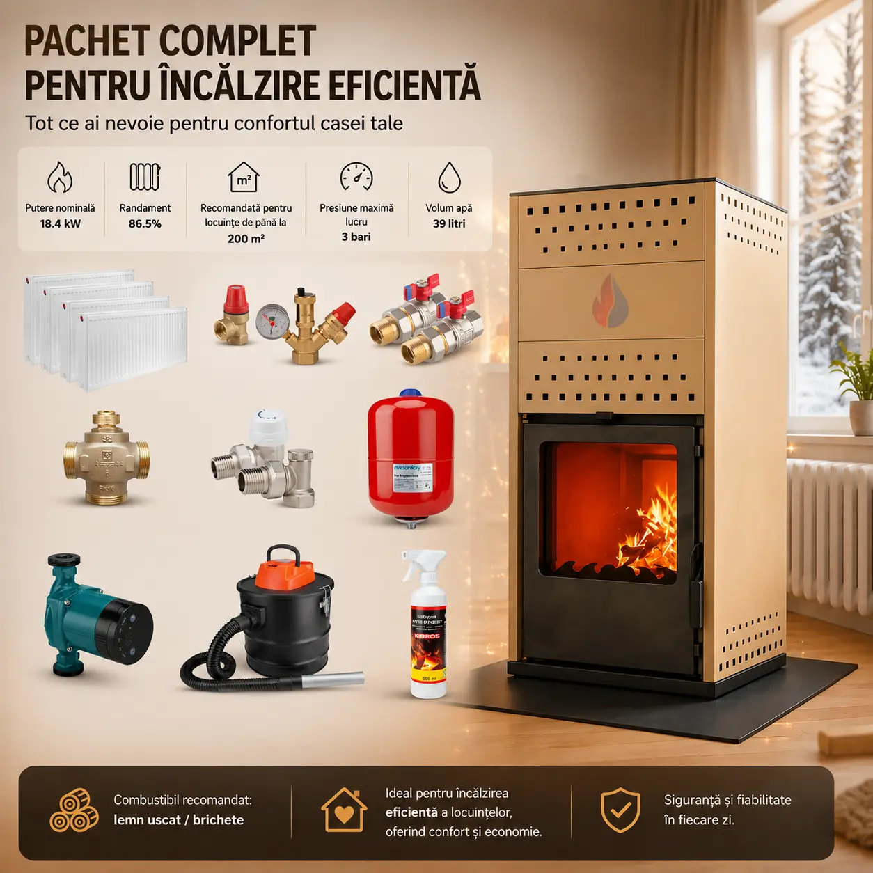 Pachet Termosobă pe Lemne 18.4 kW cu Calorifere și Pompă | Kit Încălzire Centrală | Gri Antracit [4]