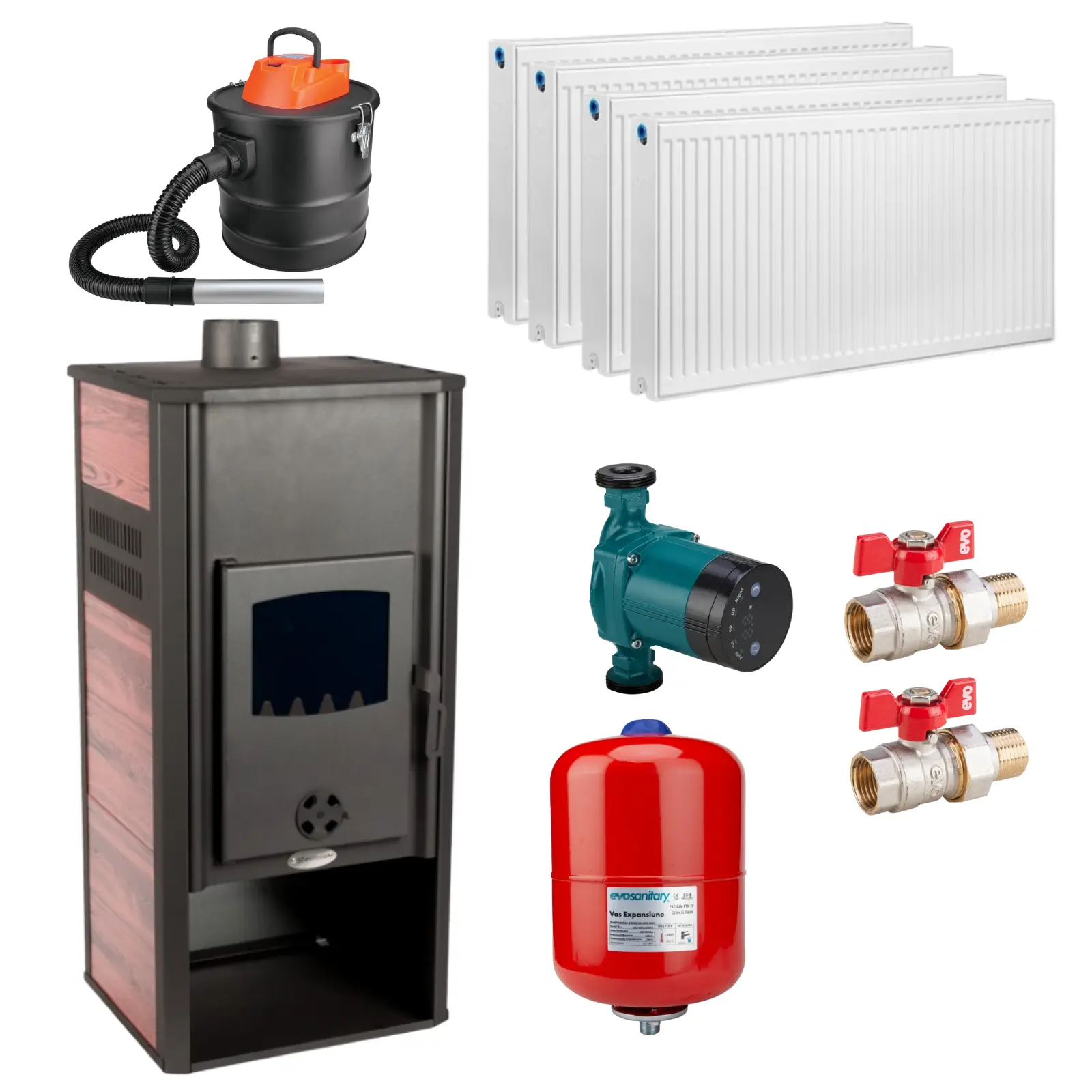 Pachet Șemineu termic pe lemne 21.4 kW + 4 calorifere, vas expansiune 24L, pompă circulație și robineți – încălzire completă până la 110 m² [1]