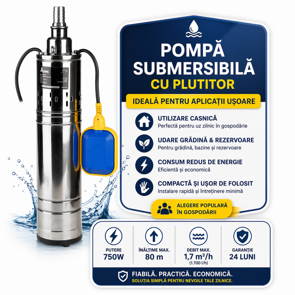 Pompa Submersibilă 4” Aqua cu Snec și Plutitor, 750W, 80m, 1.7 m³/h – pentru Puț și Grădină [2]