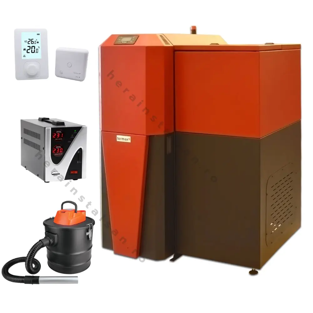 Centrale termice pe pelet - Centrala mixtă lemn peleți TERMAX TERRA 28 kW, încălzire 185 mp, buncăr 95 kg, randament 91%, alternativă la gaz