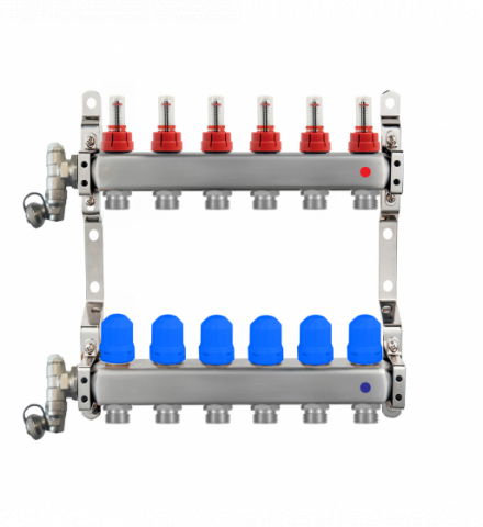 Distribuitoare cu debitmetre inox - DISTRIBUITOR/COLECTOR WOODY 1'' INOX 10 CIRC. 3/4'' CU DEBITMETRU