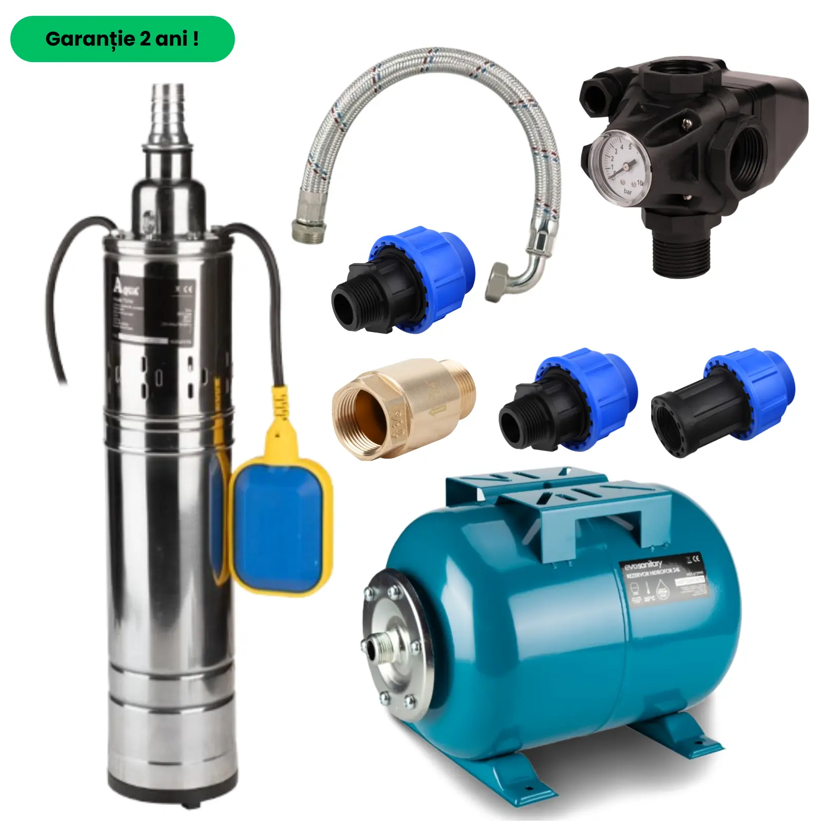 Pachete complete pompe submersibile - Pompa submersibila 750W kit complet hidrofor + vas 24L pentru put/fantana