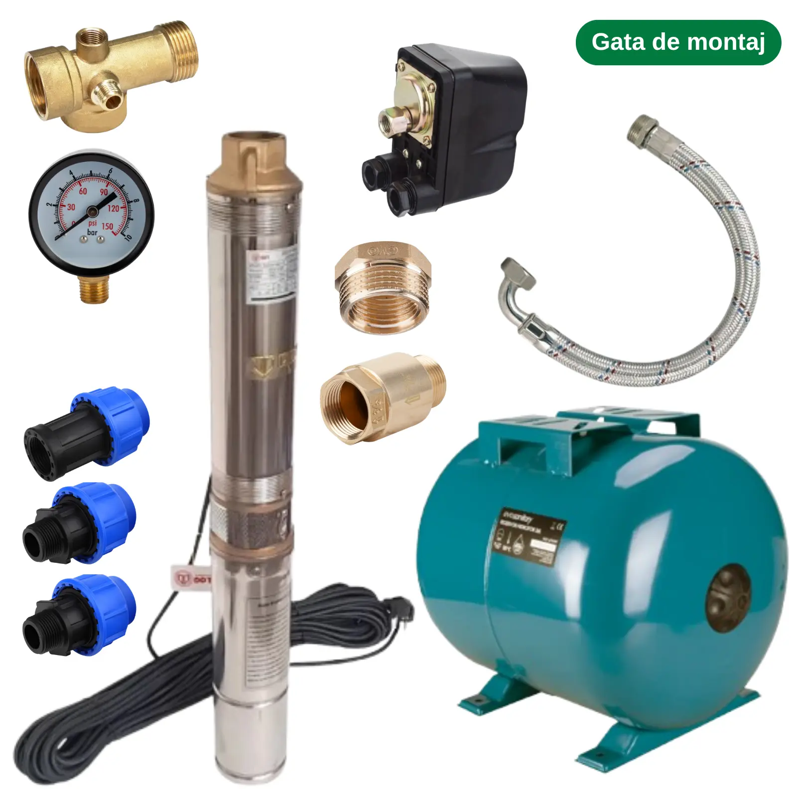 Pachete complete pompe submersibile - Kit Hidrofor 50L cu Pompa Submersibila 750W | Alimentare Apa Put