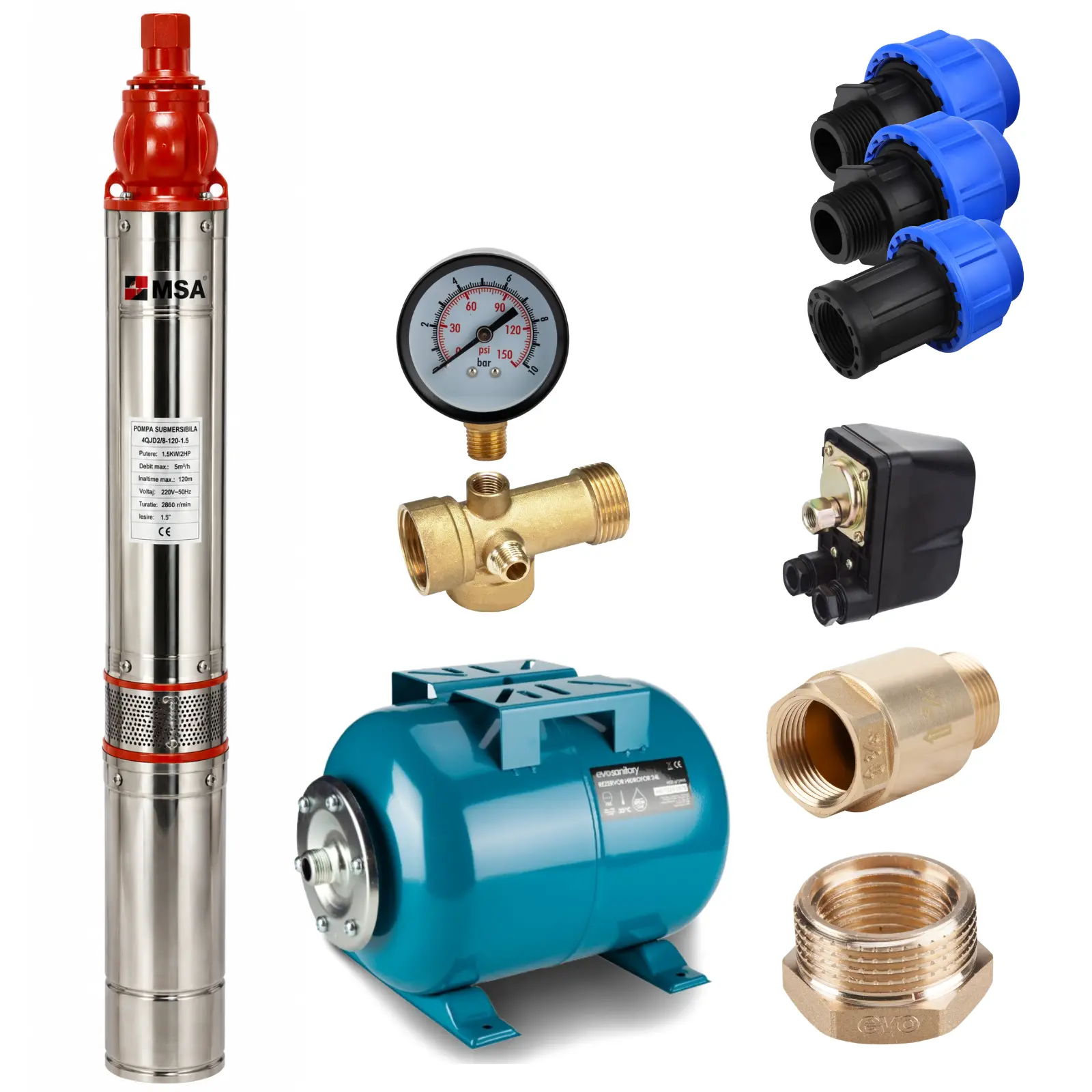Pachete complete pompe submersibile - Kit hidrofor complet cu pompa submersibila 8 turbine si vas hidrofor 50 litri