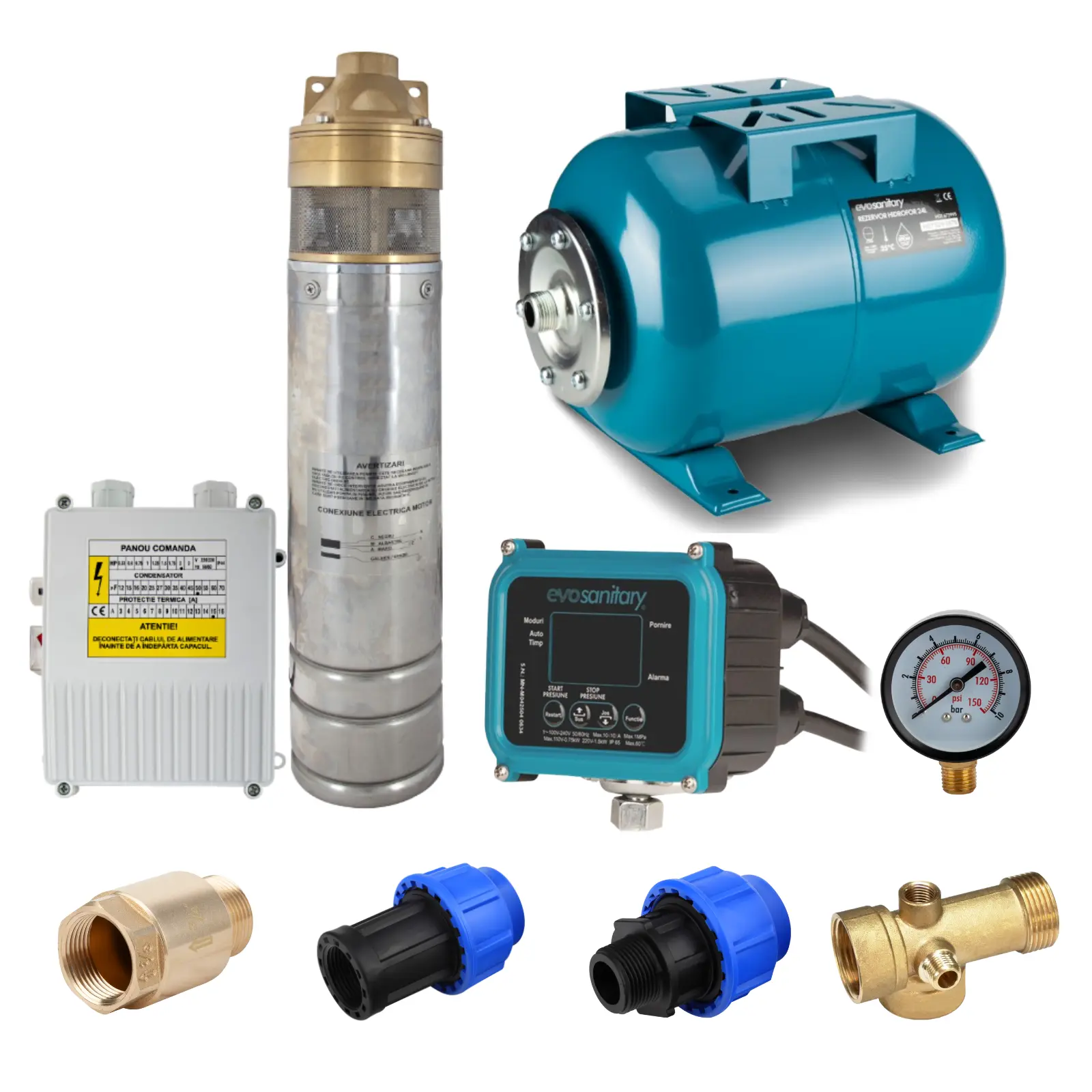 Pachete complete pompe submersibile - Pachet pompă submersibilă 1500W cu presostat și vas 50L Evosanitary